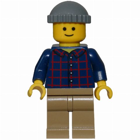 Minifigurka Man, Plaid Shirt, Dark Tan Legs, Dark Bluish Gray Cap