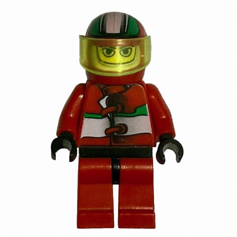 Minifigurka Race Driver, Red Torso, Red Legs, Black Helmet, Jungle Monster