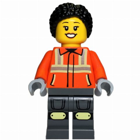 Minifigurka Construction Worker, Orange Safety Jacket, Dark Bluish Grey Legs, Black Hair