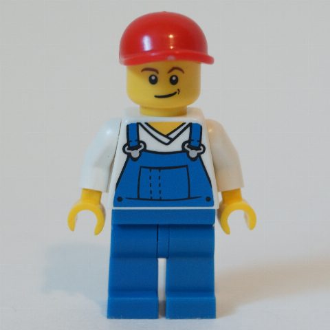 Minifigurka White Torso, Blue Overall, Red Cap, Male (3626b Head)