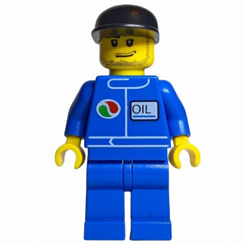 Minifigurka Man, Blue Jumpsuit with Octan Logo, Black Cap, Stubble