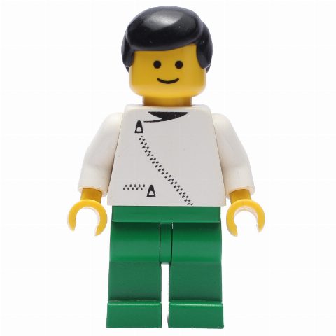 Minifigurka Man, White Jacket with Zipper, Green Legs, Black Hair