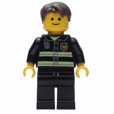 Minifigurka Fire Fighter, Black Torso, Black Legs, Dark Brown Hair