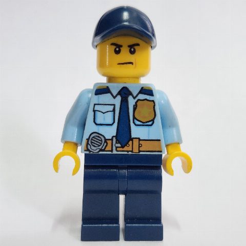 Minifigurka Policeman, Bright Light Blue Shirt with Dark Blue Tie, Badge, and Radio on Belt, Dark Blue Cap