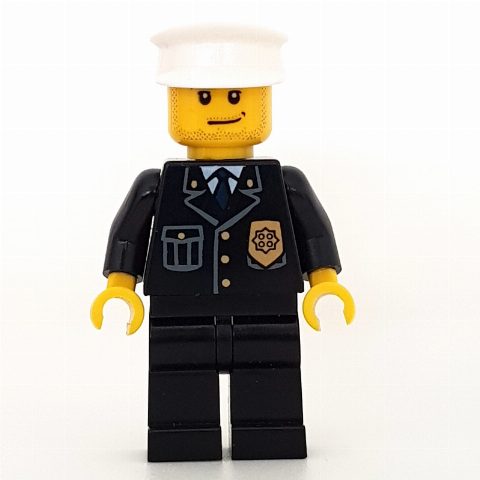 Minifigurka Policeman, Black Suit with Badge, White Hat, Stubble