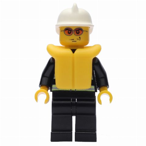 Minifigurka Fireman, Black Fire Jacket with Reflective Stripes, Radio, and Badge, White Helmet, Yellow Life Vest, Orange Sunglasses