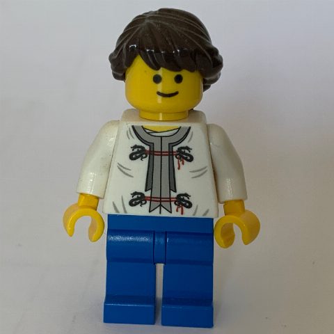 Minifigurka White Torso, Blue Legs, Dark Brown Hair