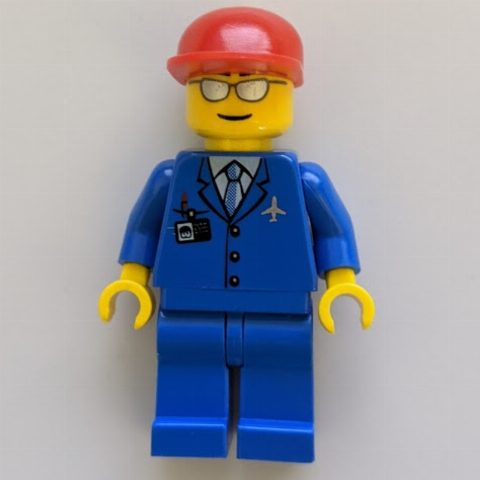 Minifigurka Pilot, Blue Jacket with Plane Logo and Blue Tie, Red Cap, Sunglasses