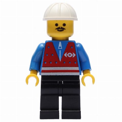 Minifigurka Train Worker - Red Vest, Black Legs, White Helmet, Mustache