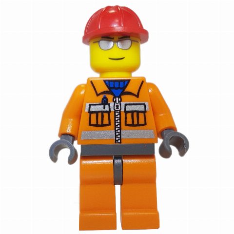 Minifigurka Construction Worker, Orange Jacket with Zipper and Reflective Stripes, Orange Legs, Red Hard Hat, Silver Sunglasses