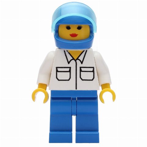 Minifigurka Woman, White Shirt with Pockets, Blue Legs, Blue Helmet with Visor
