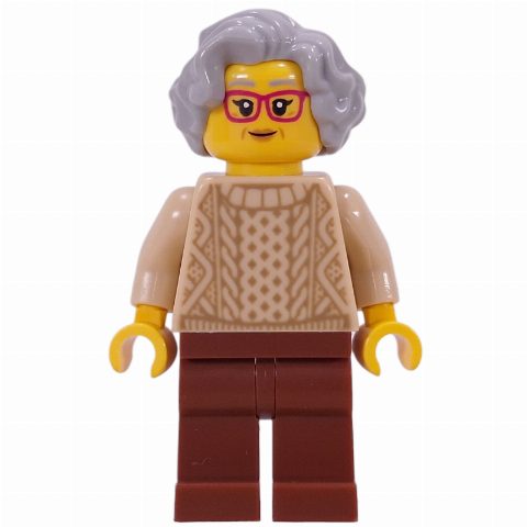 Minifigurka Grandma, Tan Torso, Reddish Brown Legs, Light Bluish Grey