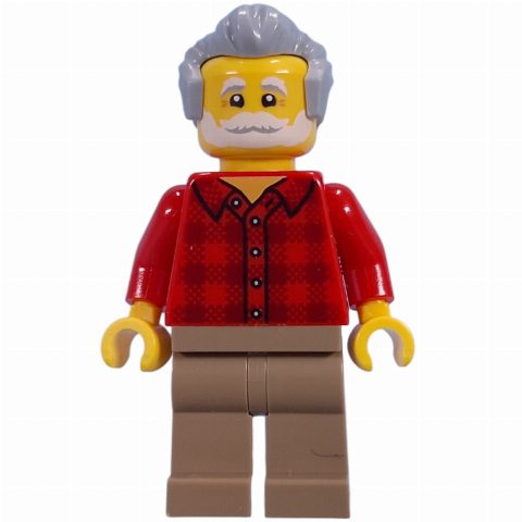 Minifigurka Visitor, Red Torso, Dark Tan Legs, Light Bluish Grey Hair