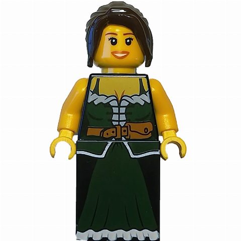 Minifigurka Barmaid - Dark Green Torso, Dark Bluish Grey Slope for Legs, Dark Brown Hair