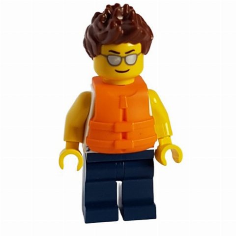 Minifigurka White Torso, Dark Blue Legs, Reddish Brown Hair, Life Jacket