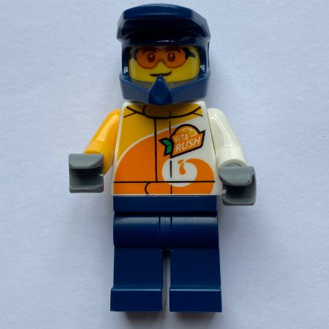 Minifigurka Stunt Driver, White and Orange Race Jacket, Dark Blue Legs and Helmet