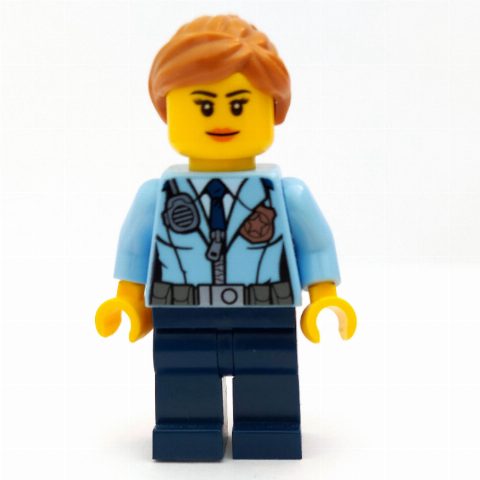 Minifigurka Policewoman, Bright Light Blue Jacket with Zipper, Radio, Badge, and Tie, Dark Blue Legs, Medium Nougat Hair