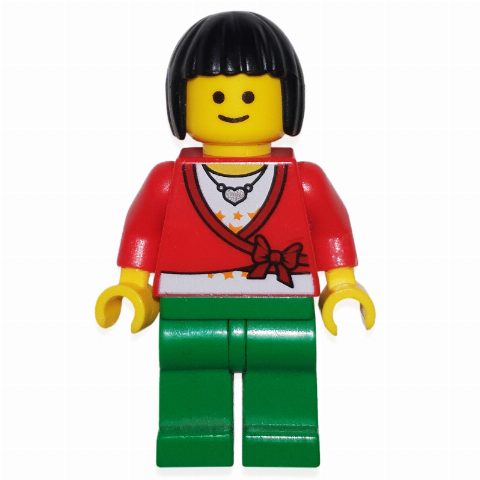 Minifigurka Red Torso, Green Legs, Black Hair