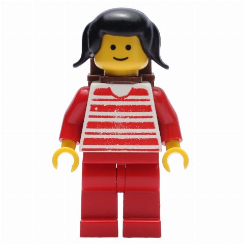 Minifigurka Woman - Red/White Striped Shirt, Red Arms, Red Legs, Brown Backpack