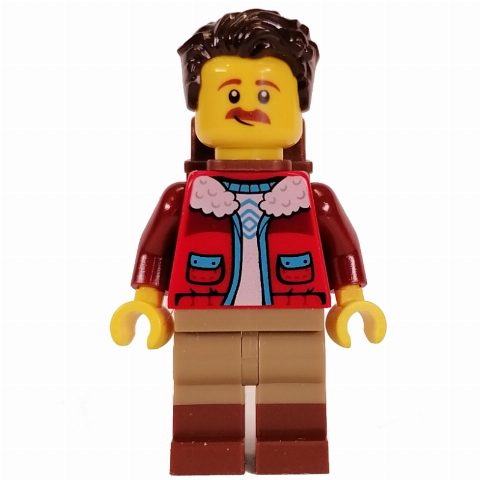 Minifigurka Red Torso, Dark Tan/Reddish Brown Legs, Dark Brown Hair, Backpack