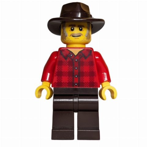 Minifigurka Cowboy, Red Torso, Dark Brown Legs, Dark Brown Fedora