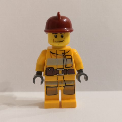 Minifigurka Fireman, Bright Light Orange Fire Suit, Dark Red Helmet