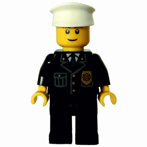 Minifigurka Policeman, Black Jacket with Pocket and Badge, White Hat, Smile, Brown Eyebrows