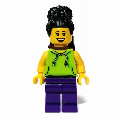 Minifigurka Woman, Lime Torso, Dark Purple Legs, Black Hair