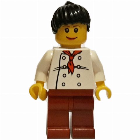 Minifigurka Chef, Woman, Red Neckerchief, Dark Red Legs, Black Hair