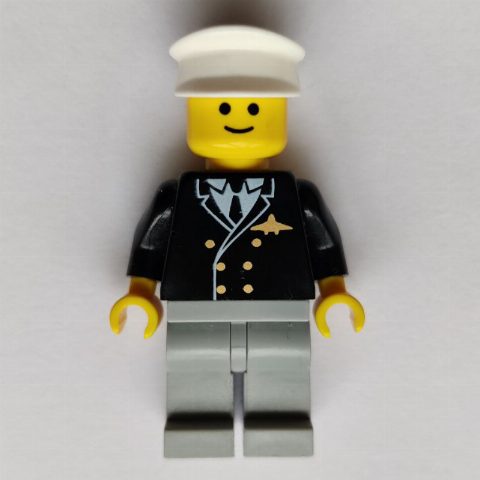 Minifigurka Pilot, Black Jacket with Tie and Airplane Badge, Light Bluish Gray Legs, White Hat