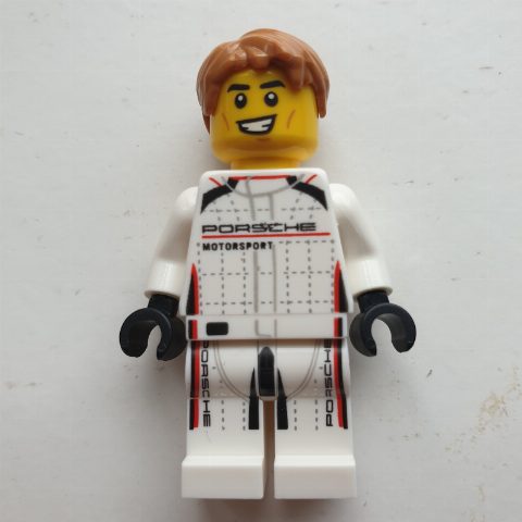 Minifigurka Race Driver, White Race Suit with 'Porsche'
