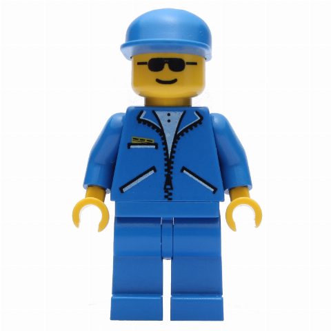 Minifigurka Man, Blue Jacket with Zipper, Blue Legs, Blue Cap, Sunglasses
