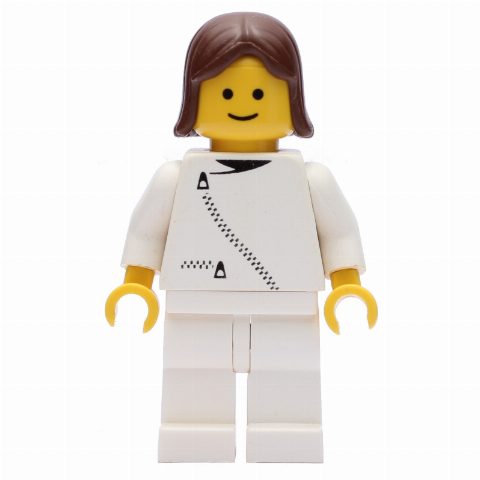 Minifigurka Woman, White Jacket with Zipper, White Legs, Brown Hair