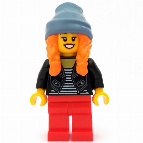 Minifigurka Woman, Open Black Jacket over Black and White Striped Top, Red Legs, Sand Blue Beanie Hat with Hair