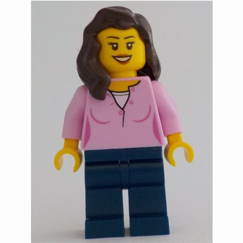 Minifigurka Bright Pink Torso, Dark Blue Legs, Dark Brown Hair