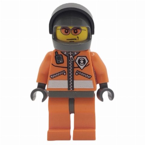 Minifigurka Coast Guard, Orange Jumpsuit with Zipper, Radio, and Badge, Dark Bluish Gray Hands, Dark Bluish Gray Helmet with Visor, Orange Sunglasses