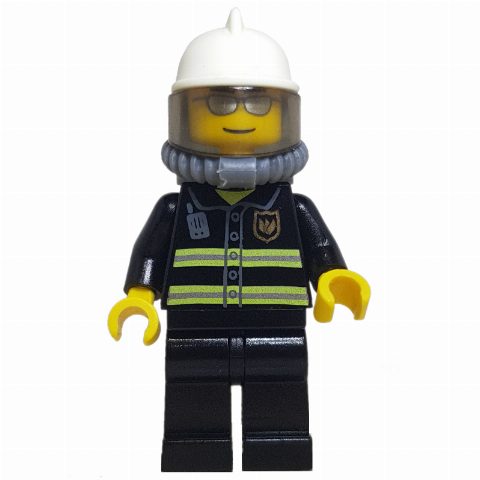 Minifigurka Fireman, Black Fire Jacket with Reflective Stripes, Radio, and Badge, White Helmet, Breathing Apparatus, Airtanks, Silver Sunglasses