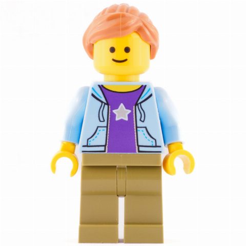 Minifigurka Bright Light Blue Torso, Jacket, Olive Green Legs, Dark Orange Hair