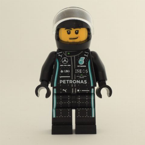 Minifigurka Race Driver, Black Racing Suit with Lime Trim, Black Helmet, Stubble