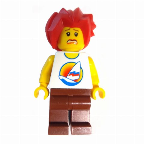 Minifigurka White Torso with Surfboard, Reddish Brown Legs, Red Hair
