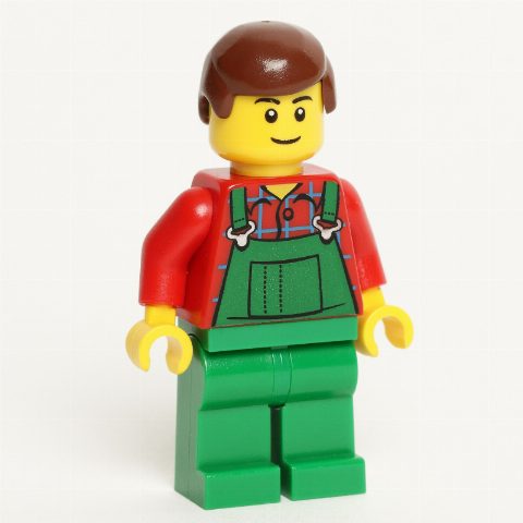 Minifigurka Man, Green Overalls over Red Shirt, Reddish Brown Hair, Black Eyebrows