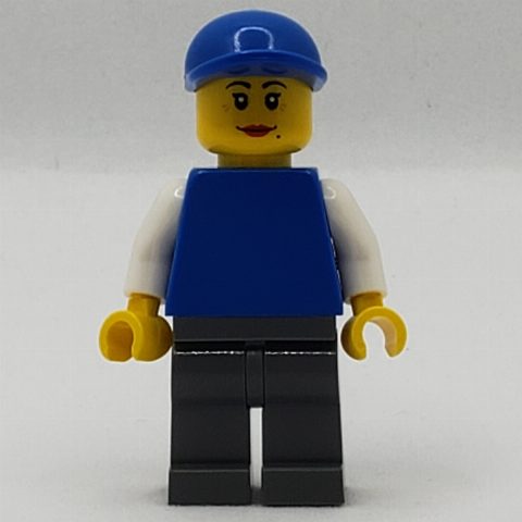 Minifigurka Woman, Plain Blue Torso, Dark Bluish Gray Legs, Blue Cap