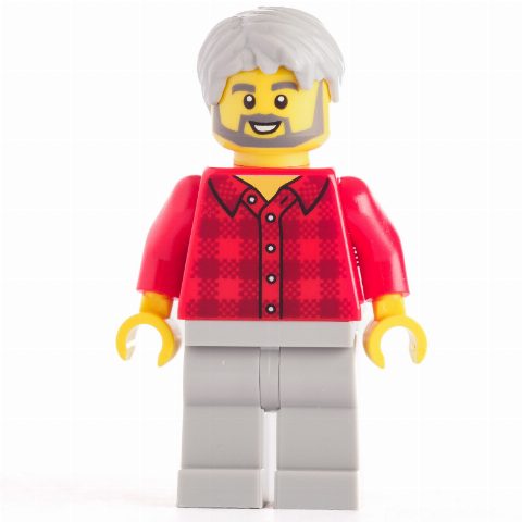 Minifigurka Red Torso Plaid, Light Bluish Grey Legs, Hair