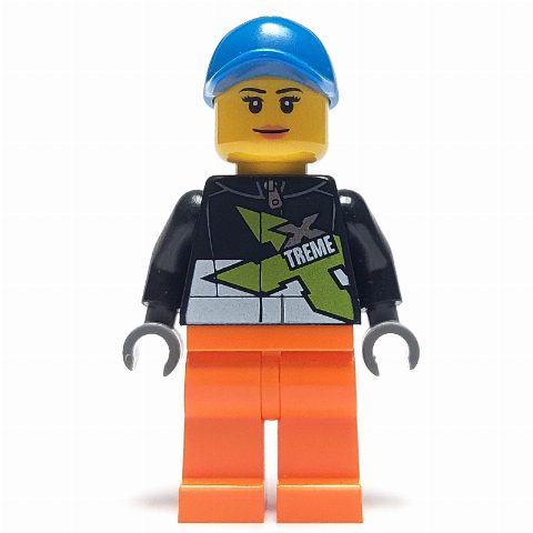 Minifigurka Racer, Woman, Black Jacket with Extreme Team Logo, Orange Legs, Blue Cap