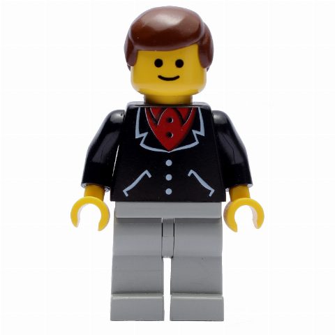 Minifigurka Man, Black Jacket over Red Shirt, Light Gray Legs, Brown Hair (3626b Head)