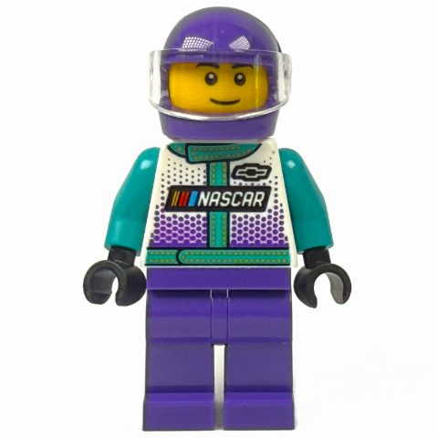 Minifigurka Race Driver, Dark Turquoise, White, and Dark Purple Race Suit, Dark Purple Helmet