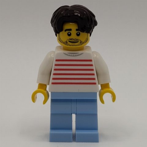 Minifigurka White Striped Torso, Bright Light Blue Legs, Dark Brown Hair