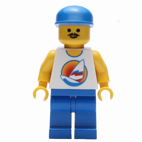 Minifigurka Man, White Tank Top with Windsurfer, Blue Legs, Blue Cap, Moustache