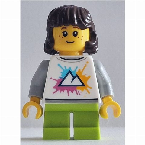 Minifigurka Girl, White Torso, Short Lime Legs, Dark Brown Hair