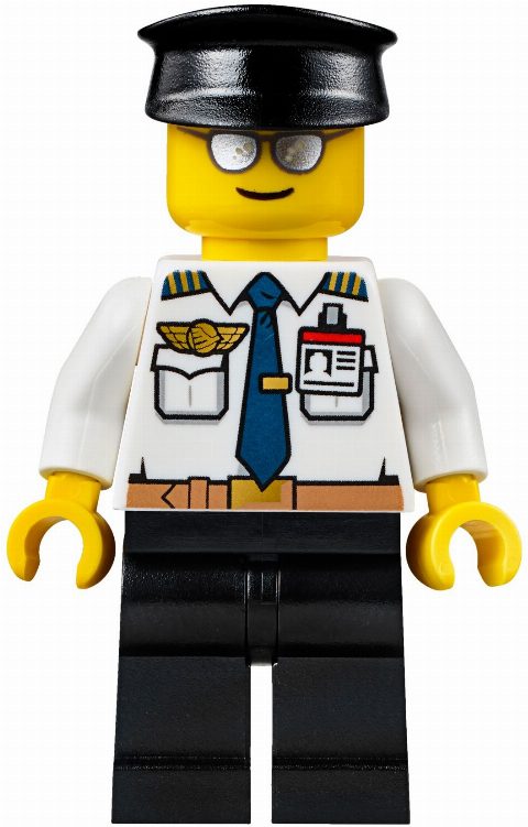 Minifigurka Pilot, White Shirt with Tie and Wing Badge, Black Legs, Black Hat, Silver Sunglasses
